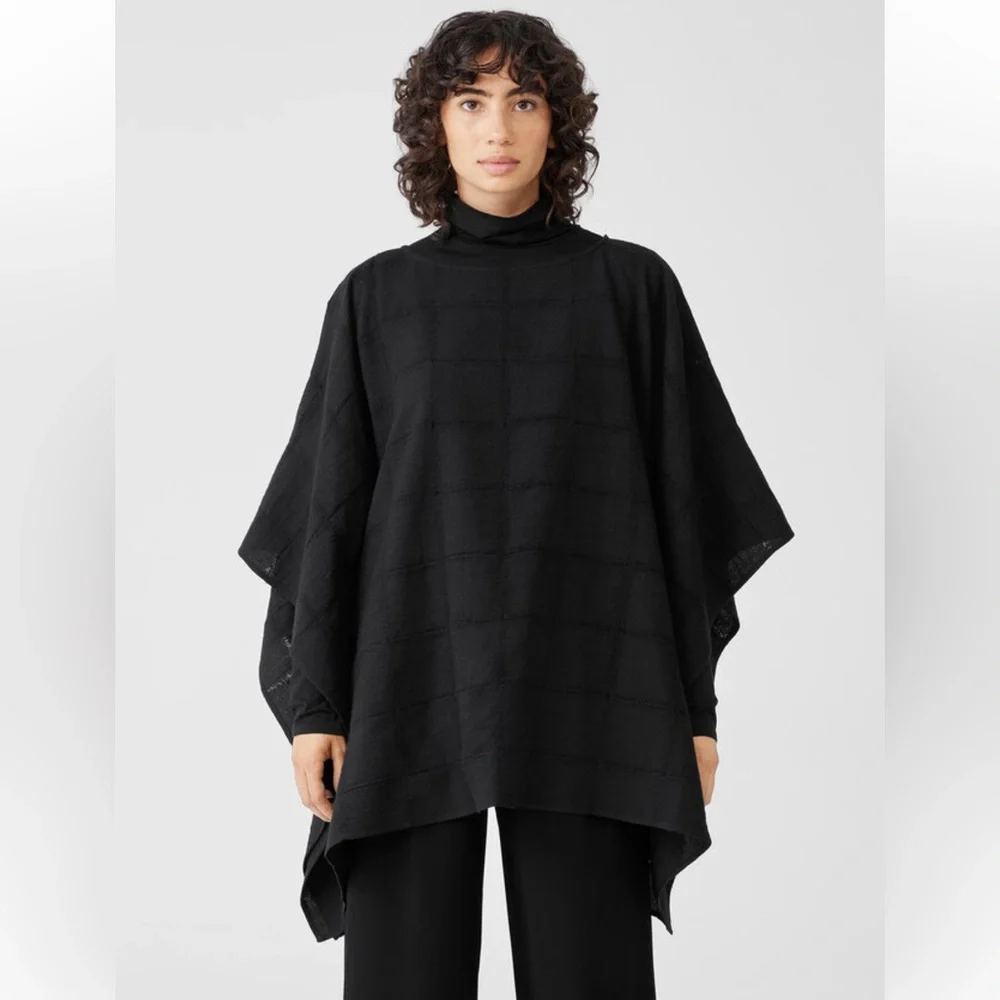 Eileen Fisher Wool Gauze Grid Poncho Black. One Size. - Picture 3 of 12